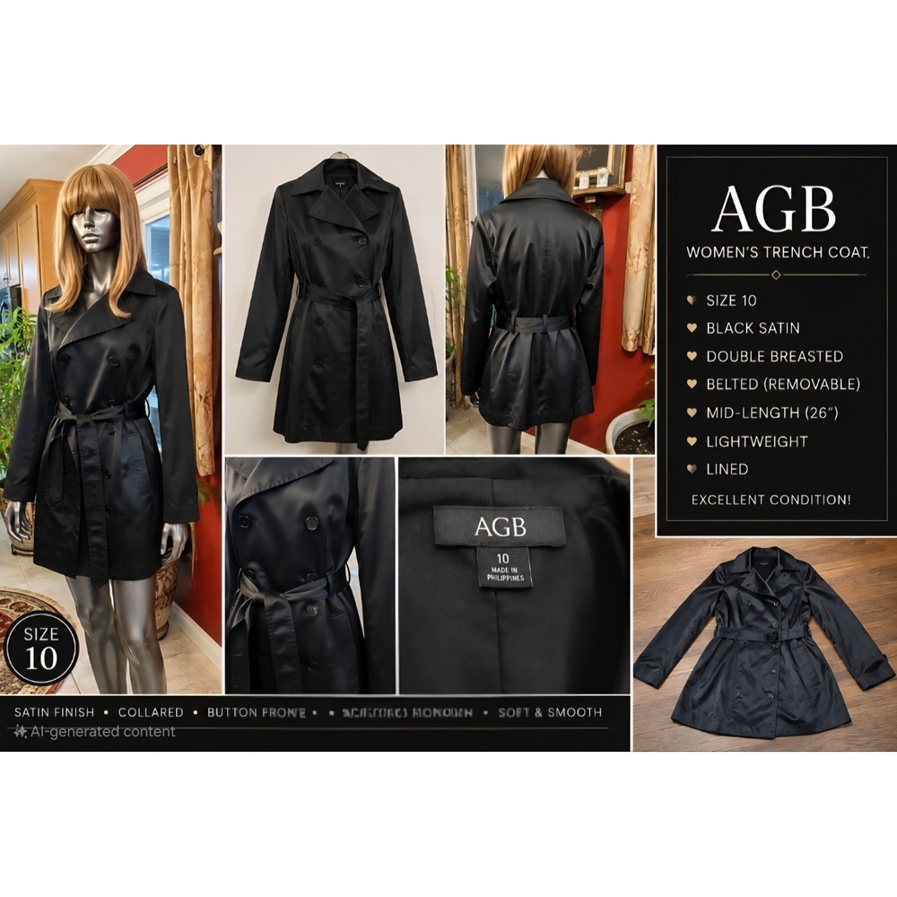 AGB Women's 10 Black Satin Belted Jacket Double Breasted Y2K Trench Whimsigoth